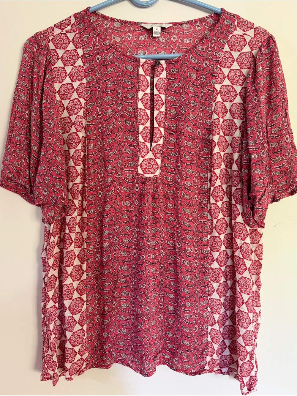 Lucky Brand Red Retro Print Scoop-Neck Blouse M Medium